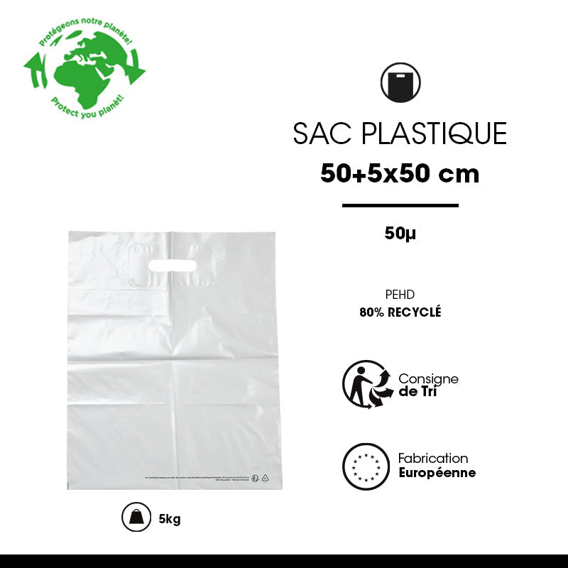Sac plastique blanc|PEBD recyclé|poignées découpées|50x50+5cm|par 500