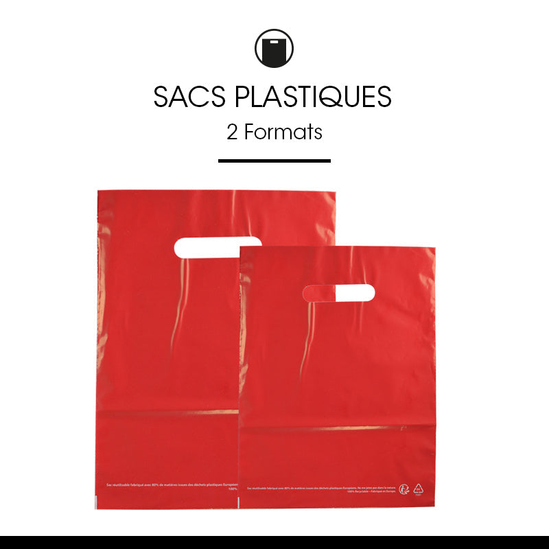 Sac plastique rouge|PEBD recyclé|poignées découpées|37x45cm|par 500
