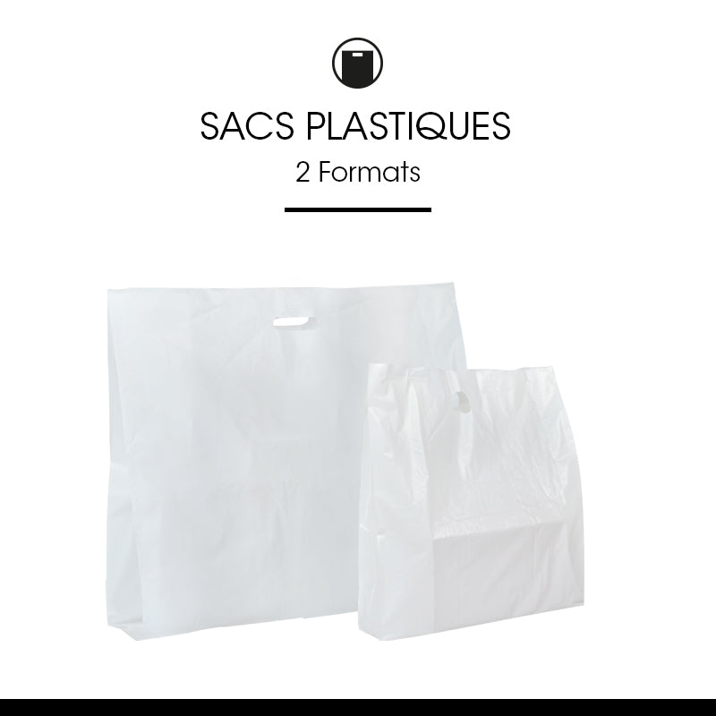 Sac plastique|PEHD blanc|poignées découpées|58+10x65cm|par 300
