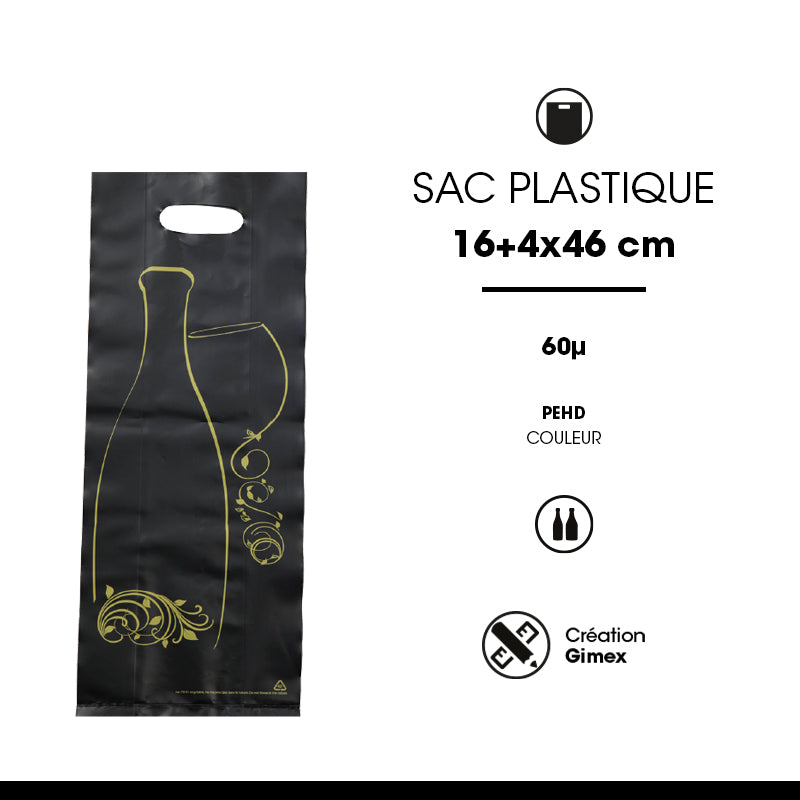 2-bottle bag | Black HDPE | Die-cut handles | 16+4/4x46cm | 1000