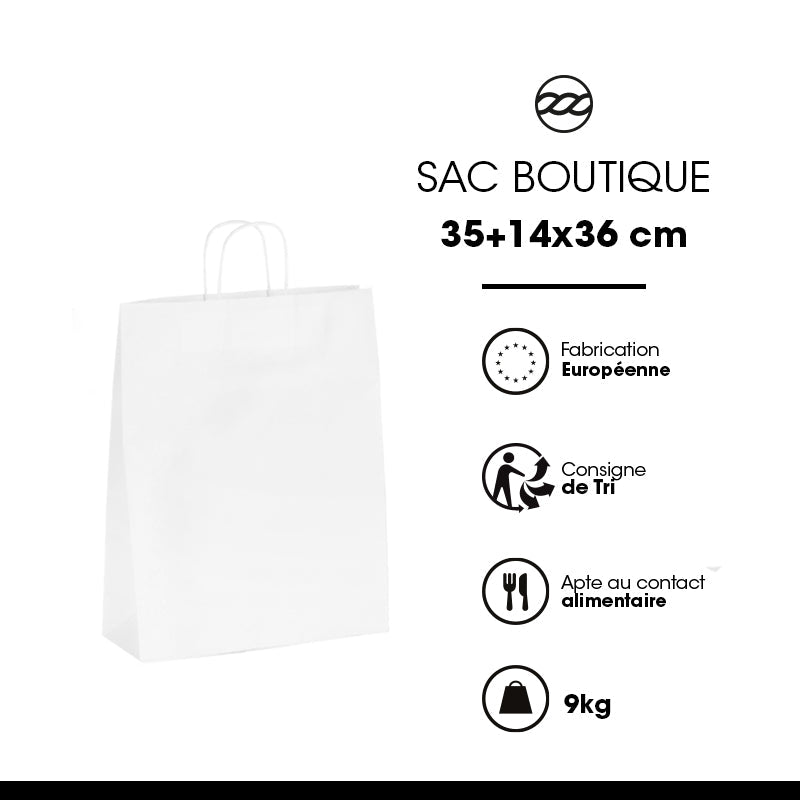 Boutique bag | white kraft | twisted handles | 35+14x36cm | 250 pieces