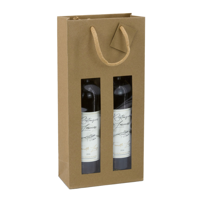 2-bottle window bag | brown kraft | paper handles | 18+9x38cm | 100 per pack