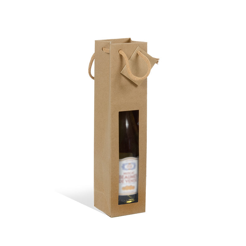 Half-bottle bag with window | brown kraft | paper handles | 7.2+6.8x31cm | 400