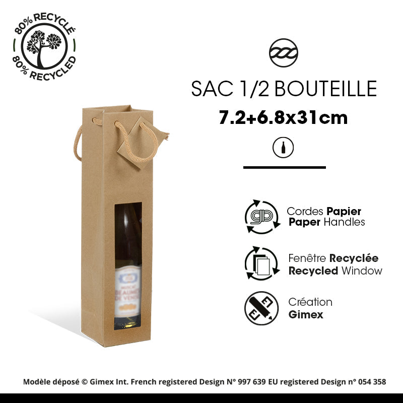 Half-bottle bag with window | brown kraft | paper handles | 7.2+6.8x31cm | 400