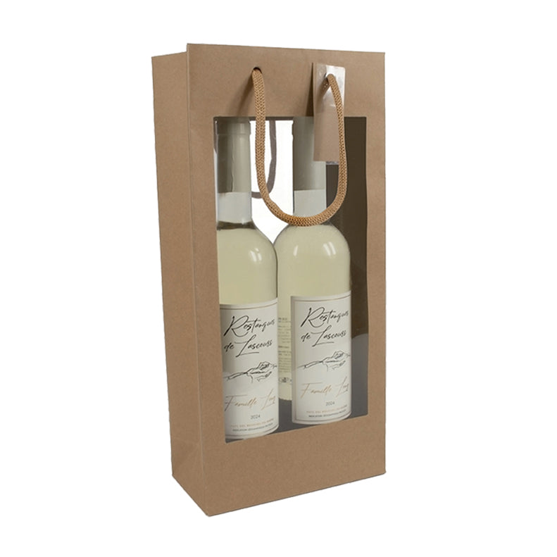 2 bottle bag with double window XL | brown kraft | paper handles | 18+9x38cm | per 100