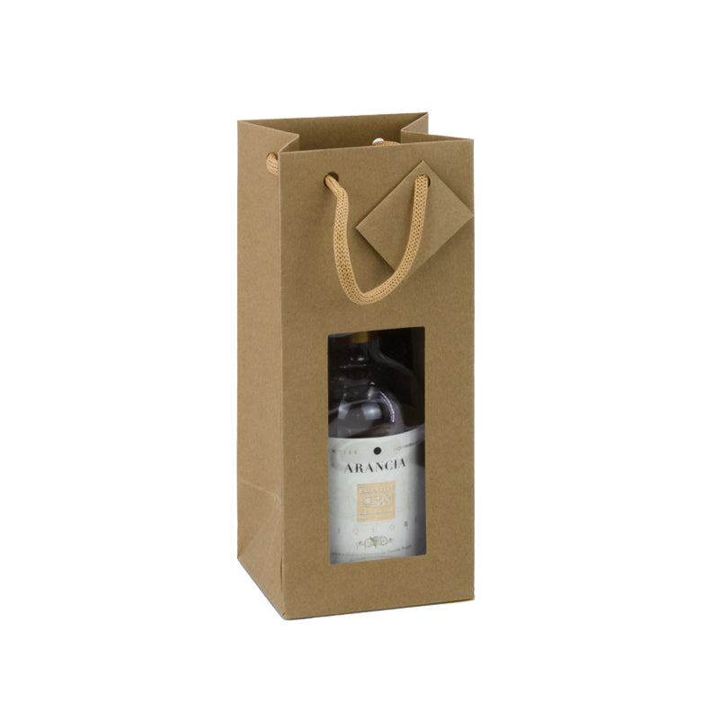 1 bottle bag with window | brown kraft | paper handles | 12x11x28cm | 200