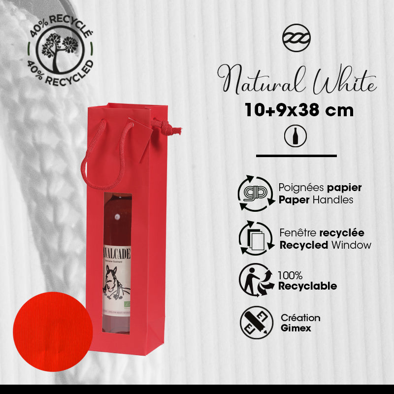 1 Bottle Window Bag Natural Red | red kraft | paper handles | 10+9x38cm | 200
