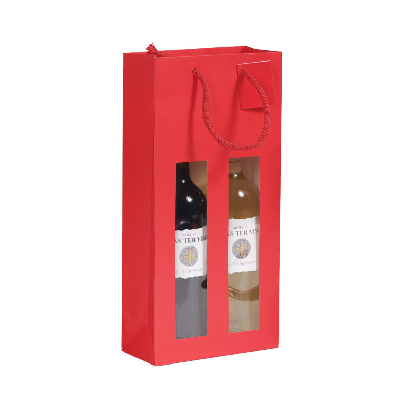 2-bottle bag with window Natural Red | red kraft | paper handles | 18+9x38cm | 100 per bag