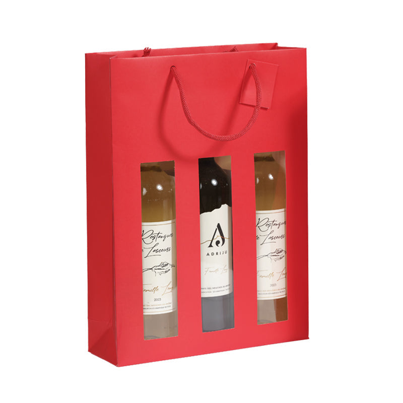 3-bottle bag with window Natural Red | red kraft | paper handles | 27+9x38cm | 100 per bag