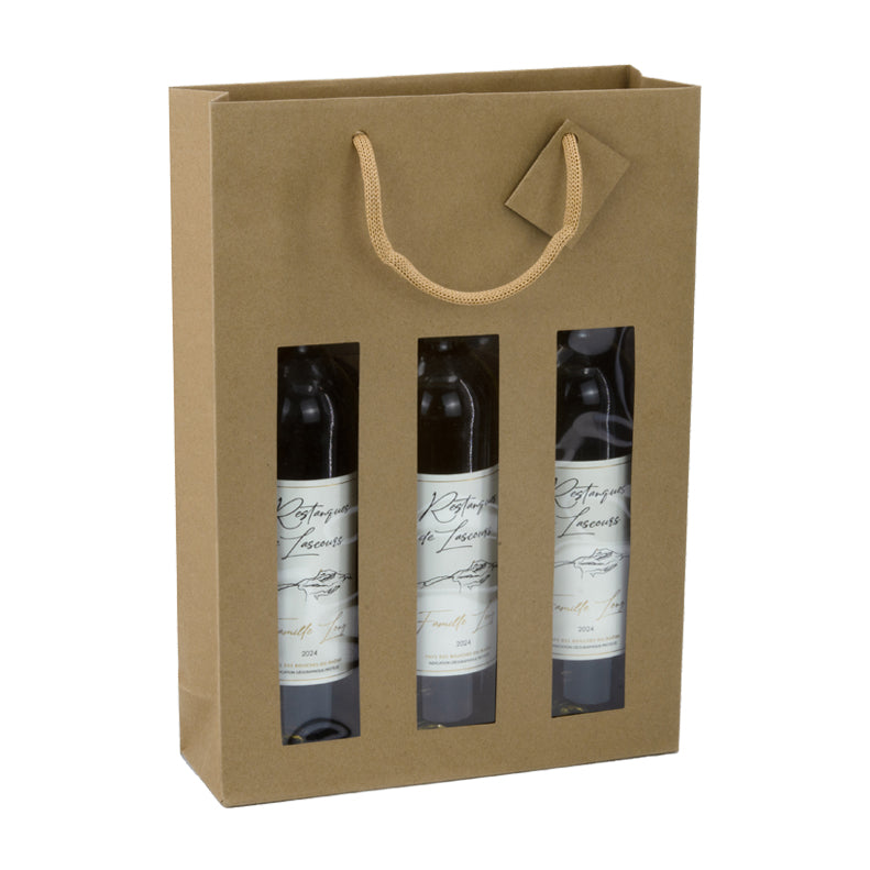 3-bottle window bag | brown kraft | paper handles | 27+9x38cm | 100 per bag