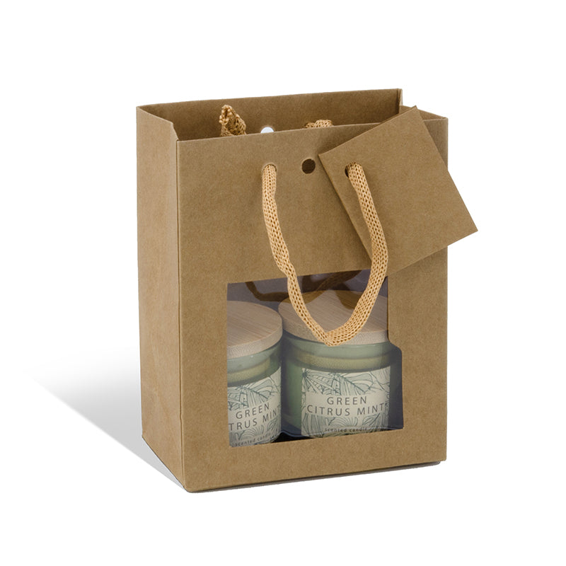 Small luxury window bag | brown kraft | paper handles | 11.4 + 6.4 x 14.6 cm | 300 per bag