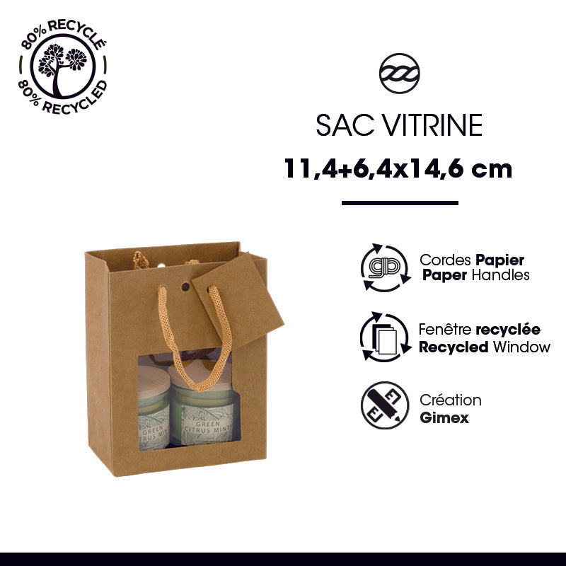Small luxury window bag | brown kraft | paper handles | 11.4 + 6.4 x 14.6 cm | 300 per bag