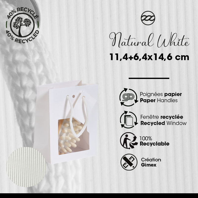Luxury window bag Natural White | white kraft | paper handles | 11.4+6.4x14.6cm | 200