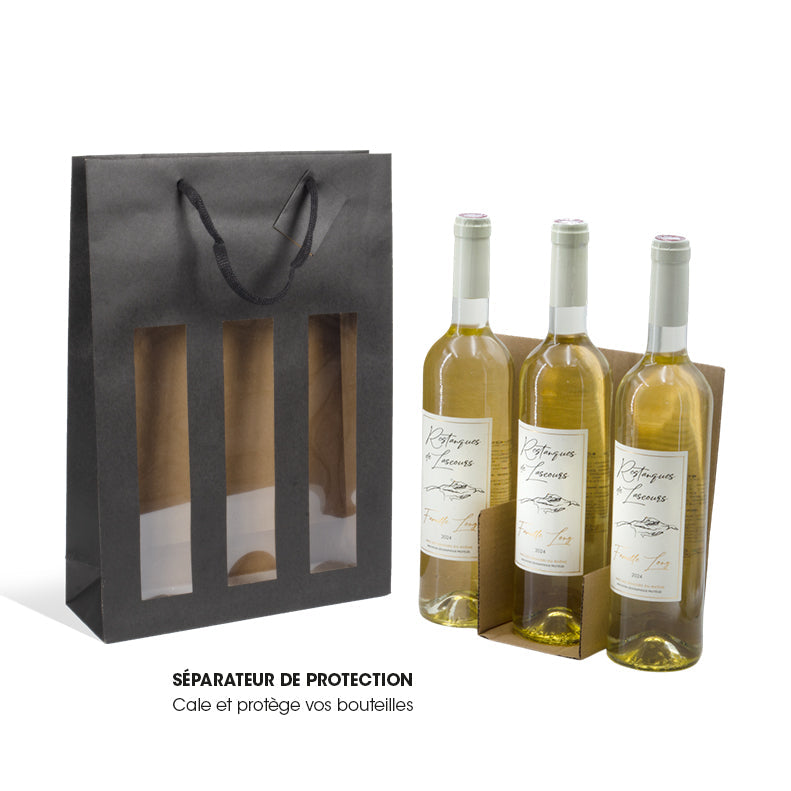 3-bottle window bag | black kraft | paper handles | 27+9x38cm | 100 per pack