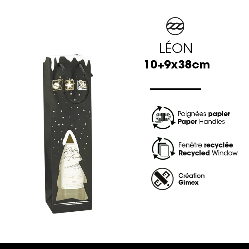 Léon 1-bottle window bag | white kraft | paper handles | 10+9x38cm | 120 per bag