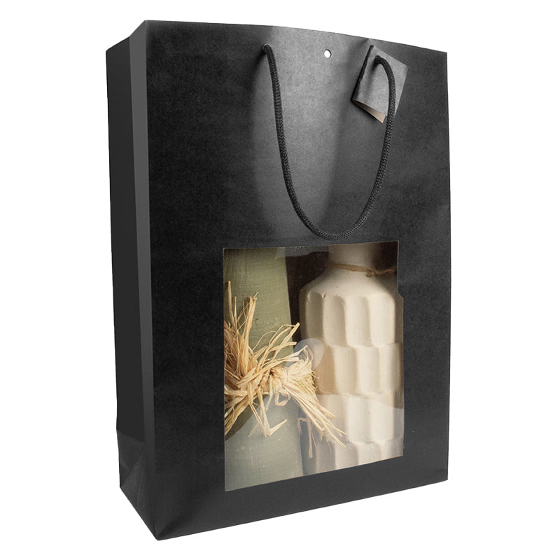 King Window Bag|Black Kraft|Paper Handles|33+14x45.7cm|Pack of 60