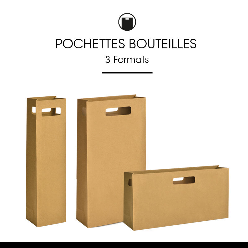 Pochette 2 bouteilles|kraft brun|poignées découpées|18+9x42cm|par 100