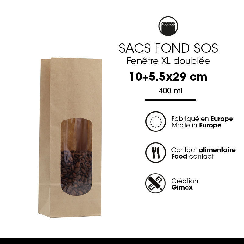 SOS food bag with XL window 400 ml | smooth brown kraft | 1200