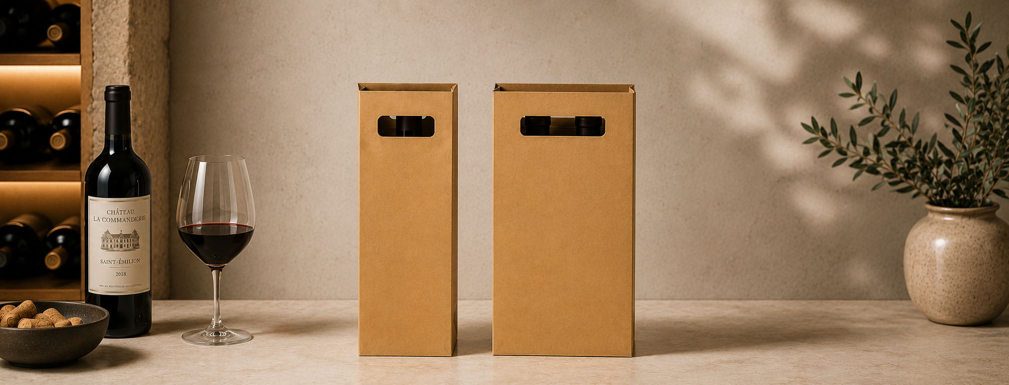 Pochettes pour bouteilles en papier kraft brun recyclé avec poignées découpées, disponibles pour 1 ou 2 bouteilles.
