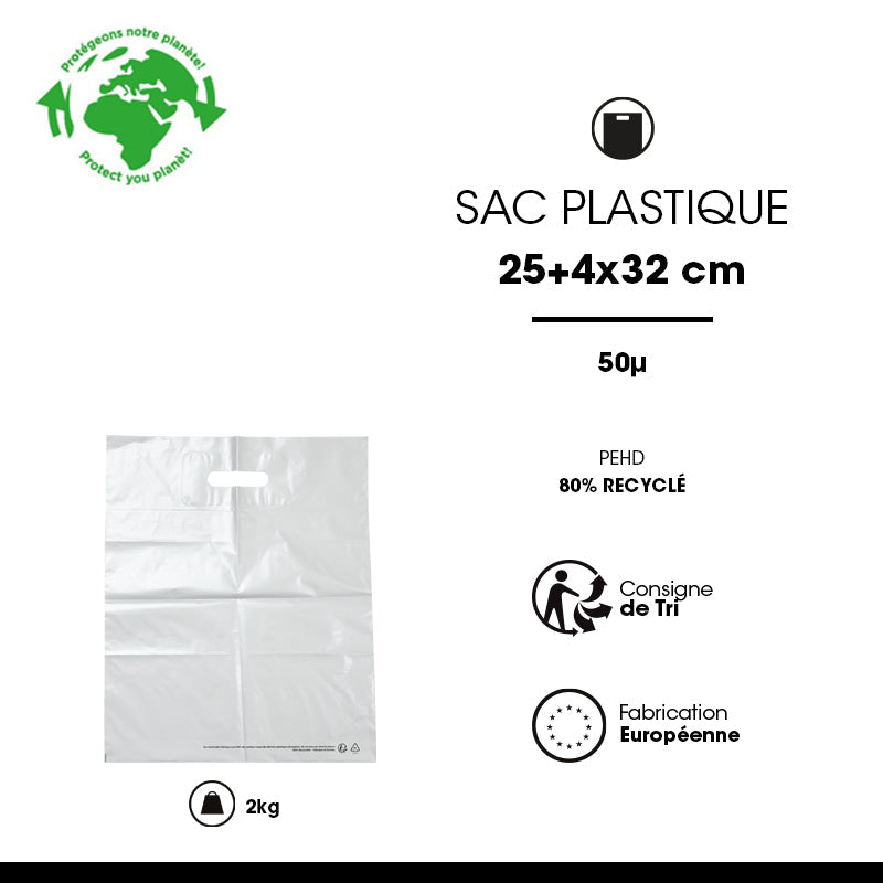 Sac plastique blanc | PEBD recyclé | poignées découpées | 25x32+4cm | par 1000