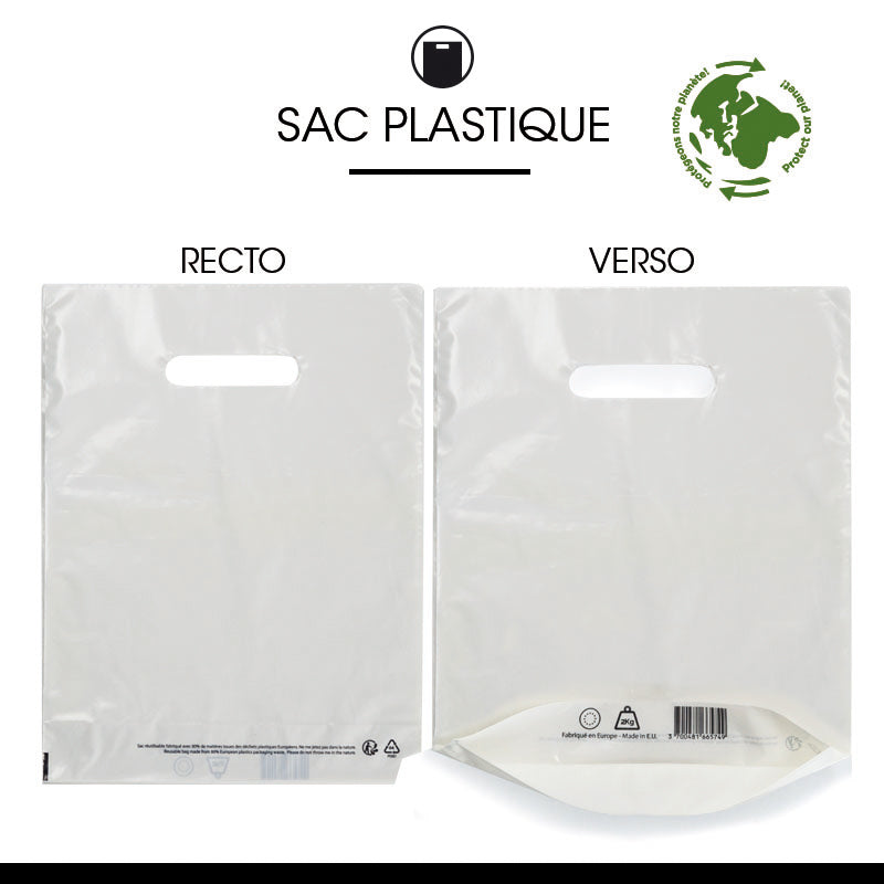 Sac plastique blanc|PEBD recyclé|poignées découpées|25x32+4cm|par 1000