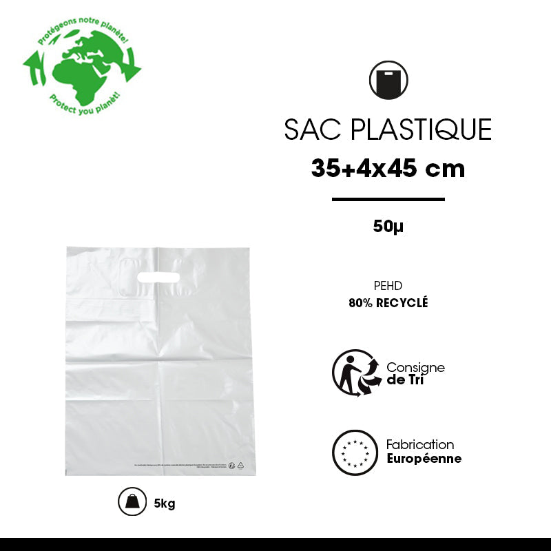 Sac plastique blanc | PEBD recyclé | poignées découpées | 35x45+4cm | par 1000