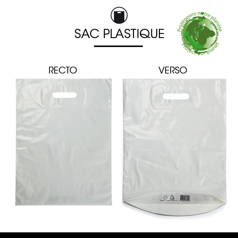 Sac plastique blanc | PEBD recyclé | poignées découpées | 35x45+4cm | par 1000