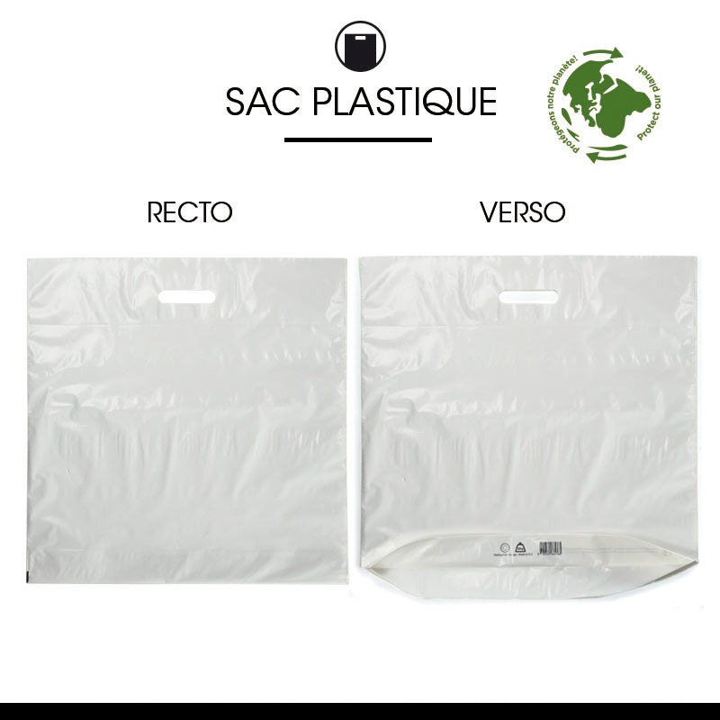 Sac plastique blanc|PEBD recyclé|poignées découpées|50x50+5cm|par 500