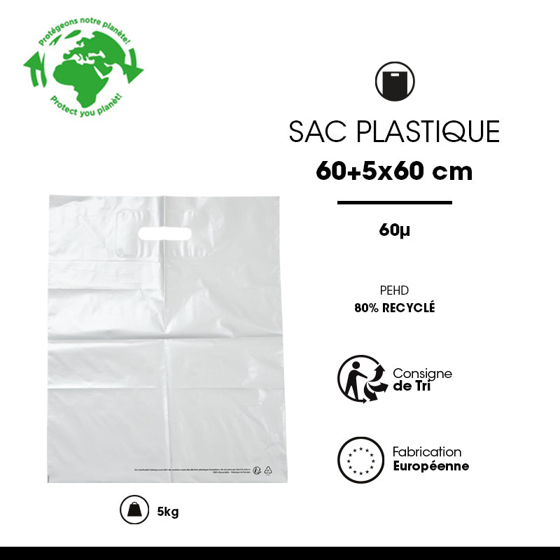 Sac plastique blanc | PEBD recyclé | poignées découpées | 60x60+5cm | par 400