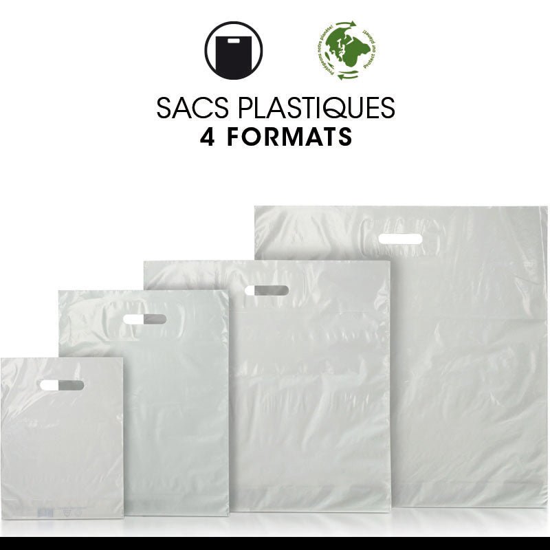 Sac plastique blanc|PEBD recyclé|poignées découpées|60x60+5cm|par 400