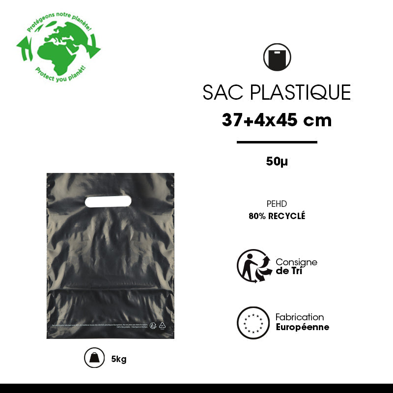 Sac plastique noir | PEBD recyclé | poignées découpées | 37x45cm | par 500