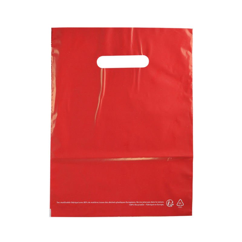 Sac plastique rouge | PEBD recyclé | poignées découpées | 37x45cm | par 500