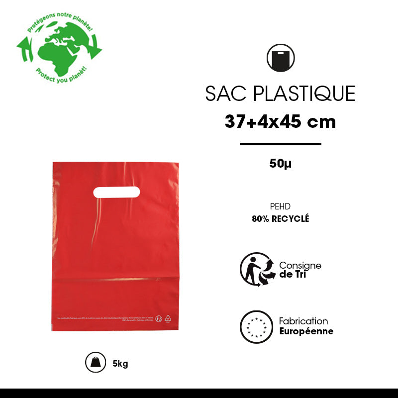 Sac plastique rouge | PEBD recyclé | poignées découpées | 37x45cm | par 500