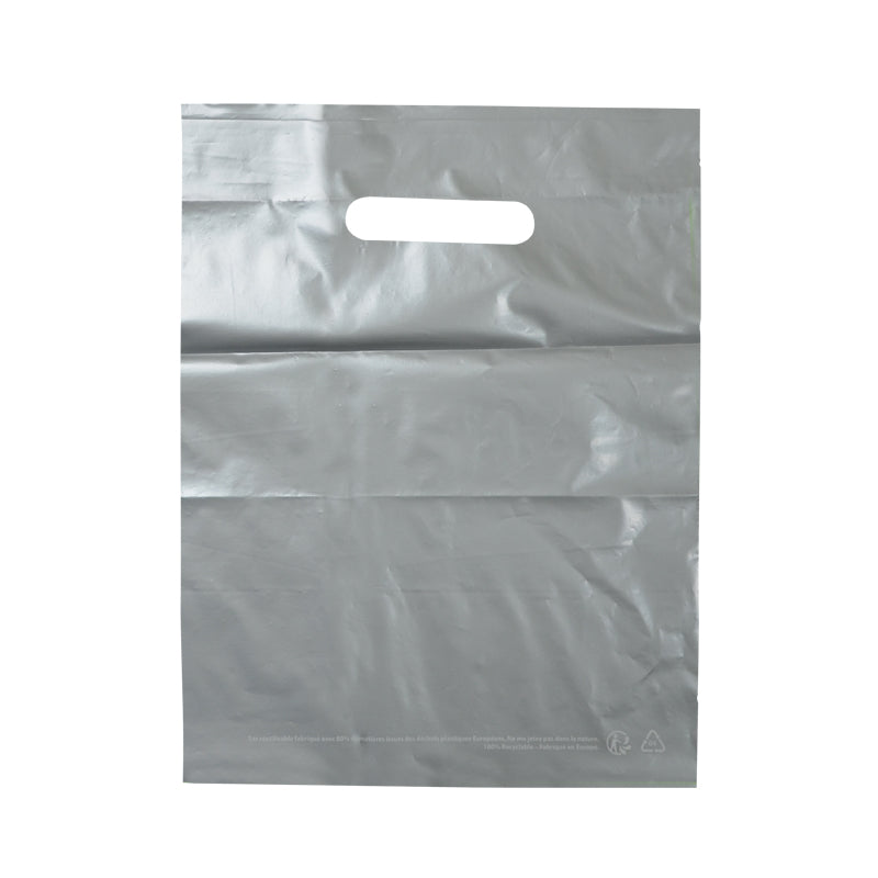 Sac plastique gris | PEBD recyclé | poignées découpées | 37x45cm | par 500