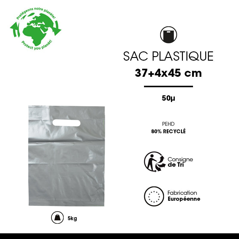 Sac plastique gris | PEBD recyclé | poignées découpées | 37x45cm | par 500