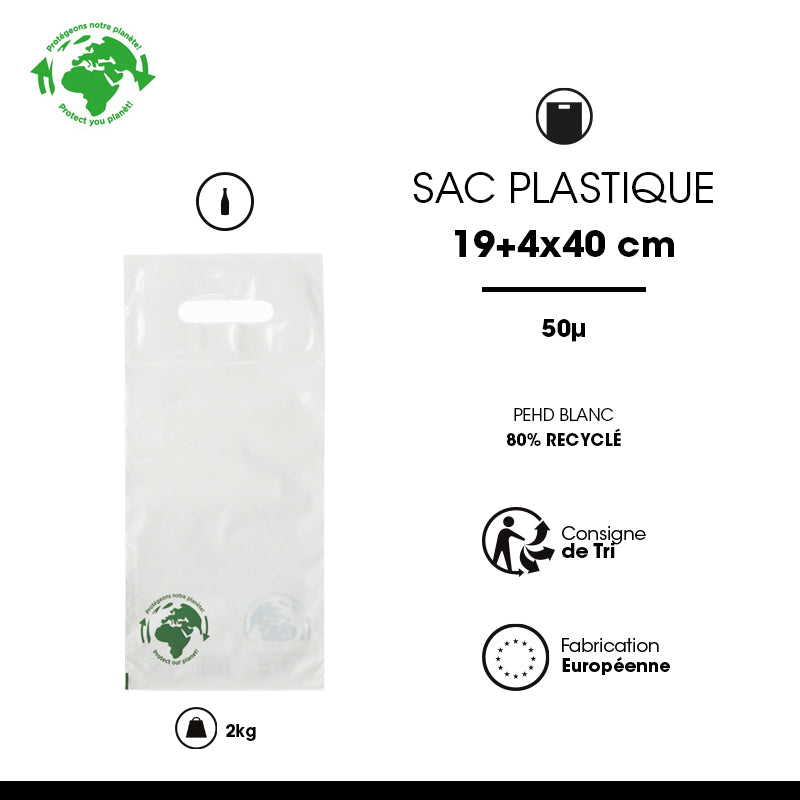Sac plastique 1 bouteille | PEBD blanc | poignées découpées | 19x40+4,5cm | par 1000