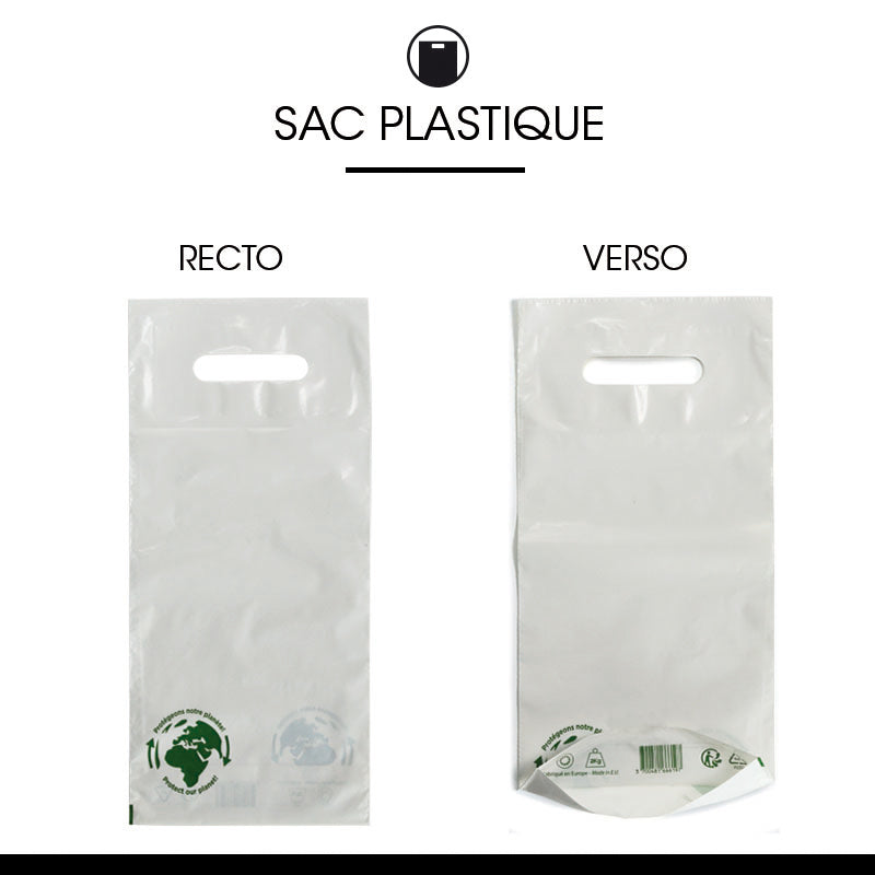 Sac plastique 1 bouteille|PEBD blanc|poignées découpées|19x40+4,5cm | par 1000