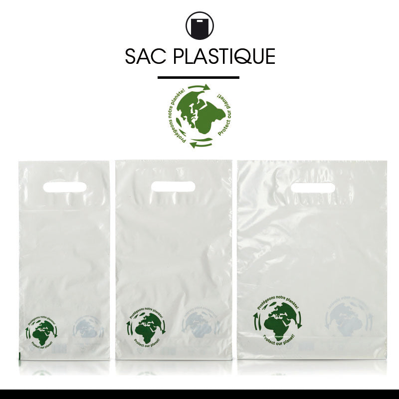 Sac plastique 1 bouteille|PEBD blanc|poignées découpées|19x40+4,5cm | par 1000