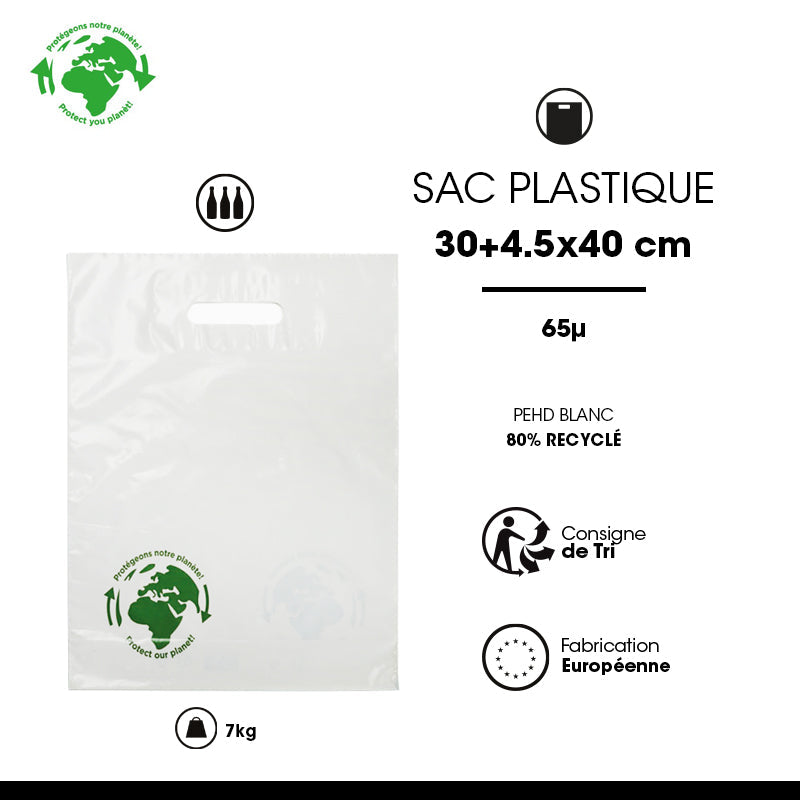 Sac plastique 3 bouteilles | PEBD blanc | poignées découpées | 30x40+4,5cm | par 1000