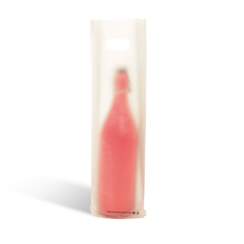 Sac 1 bouteille | plastique givré | poignées découpées | 12+3/3x46cm | par 1000