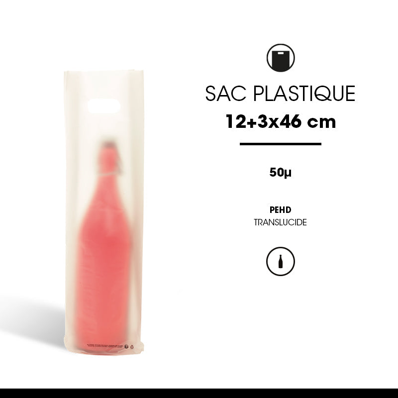 Sac 1 bouteille | plastique givré | poignées découpées | 12+3/3x46cm | par 1000