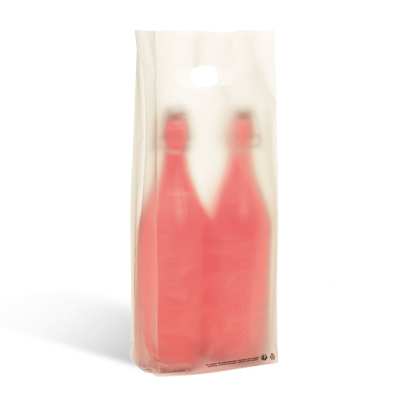 Sac 2 bouteilles | plastique givré | poignées découpées | 16+4/4x46cm | par 1000