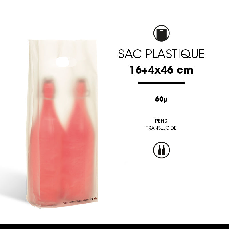 Sac 2 bouteilles | plastique givré | poignées découpées | 16+4/4x46cm | par 1000