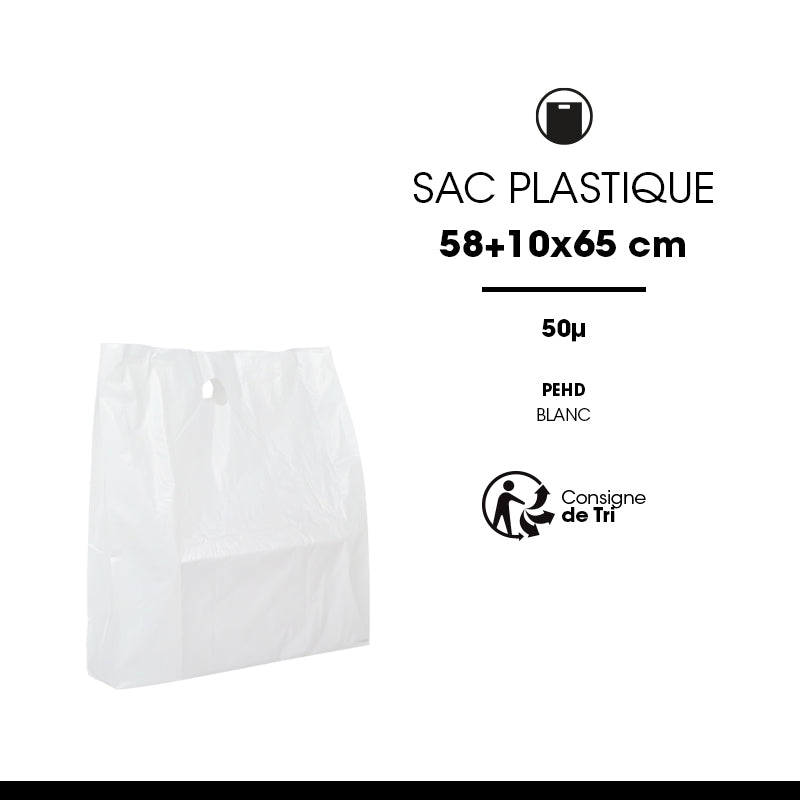 Sac plastique  | PEHD blanc | poignées découpées | 58+10x65cm | par 300