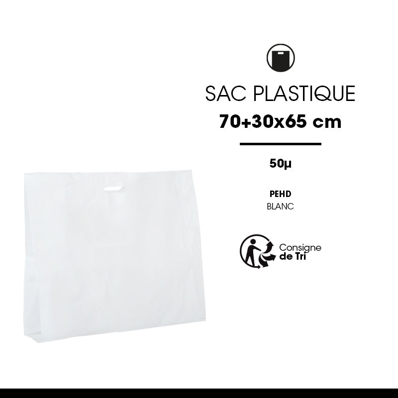 Sac plastique  |  blanc | poignées découpées | 70+30x65cm | par 200