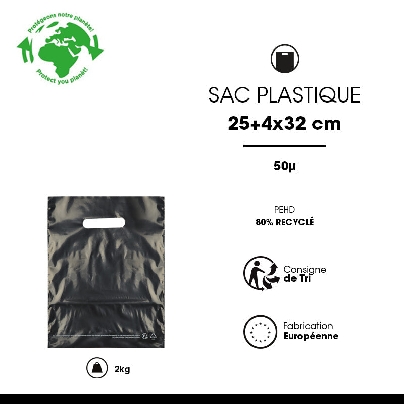 Sac plastique noir | PEBD recyclé | poignées découpées | 25x32cm | par 1000
