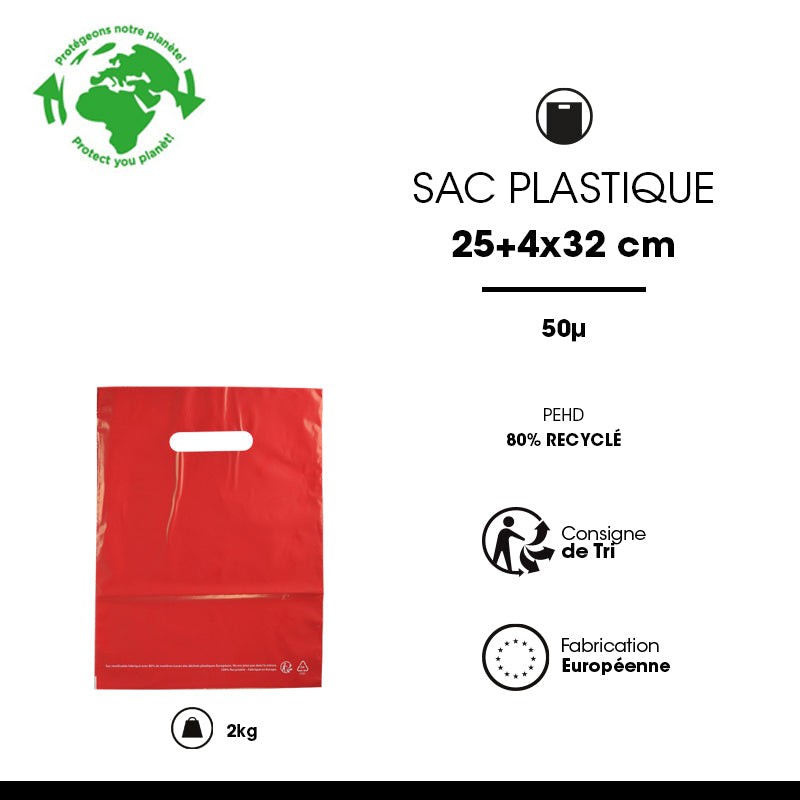 Sac plastique rouge | PEBD recyclé | poignées découpées | 25x32cm | par 1000
