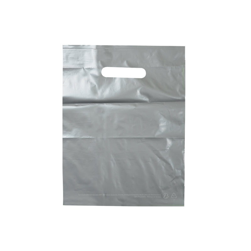 Grey plastic bag | Recycled LDPE | Die-cut handles | 25x32cm | 1000 pieces
