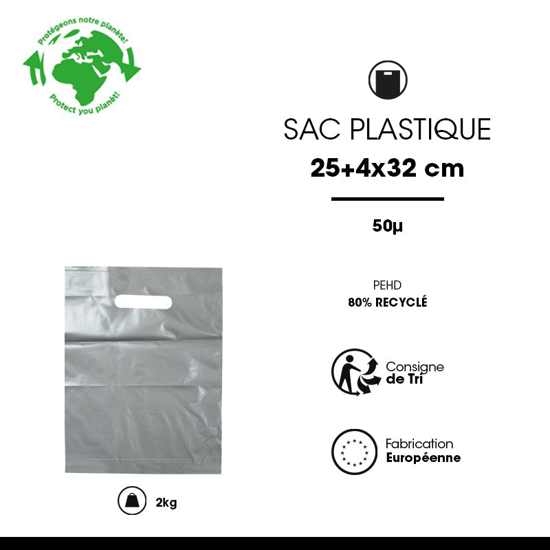 Sac plastique gris | PEBD recyclé | poignées découpées | 25x32cm | par 1000