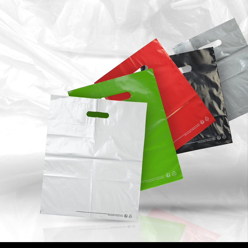 Grey plastic bag | Recycled LDPE | Die-cut handles | 25x32cm | 1000 pieces